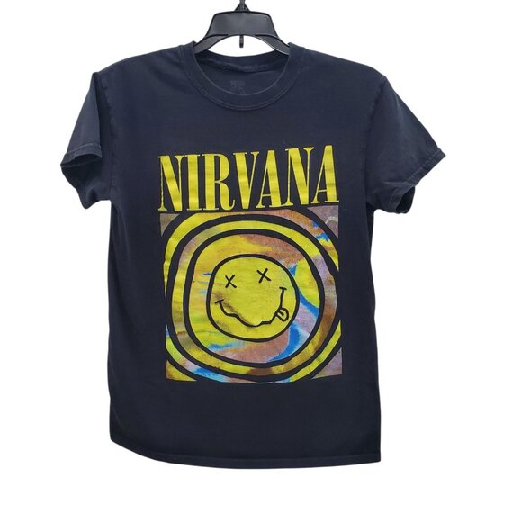 Nirvana‎ Black Tie Dye Smiley Face Logo Swirl Graphic Tee Unisex Adult Size S - Picture 1 of 4